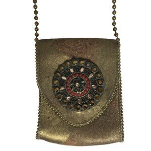 Leatherock Crossbody Box Bag Medallion Crystals Distressed Leather Bronze USA